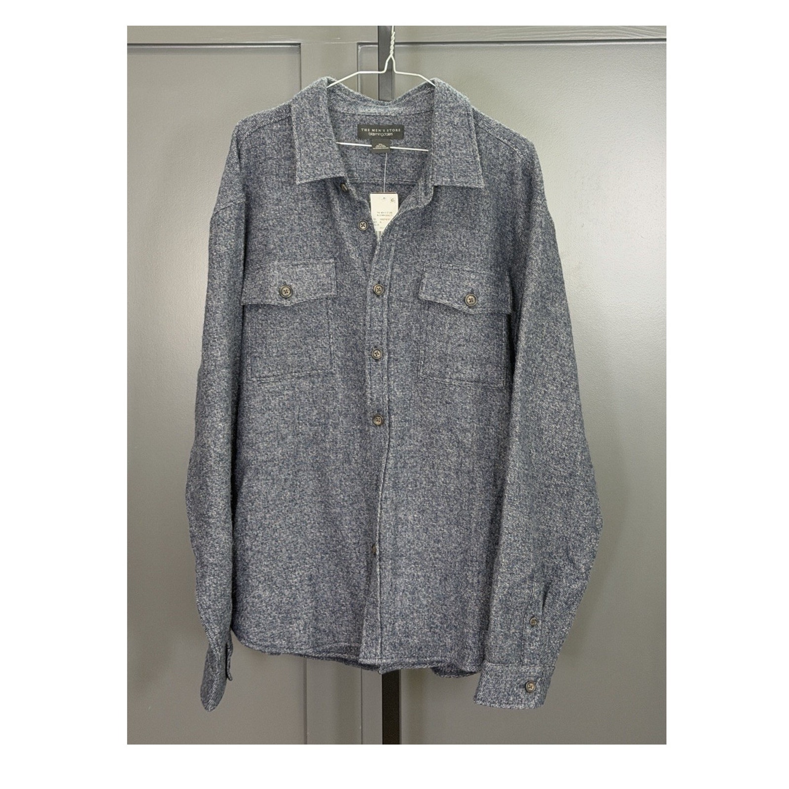 Nwt Men's Store Bloomingdale's Blue Wool Herringbone Button-Up Shirt, $248 Msrp